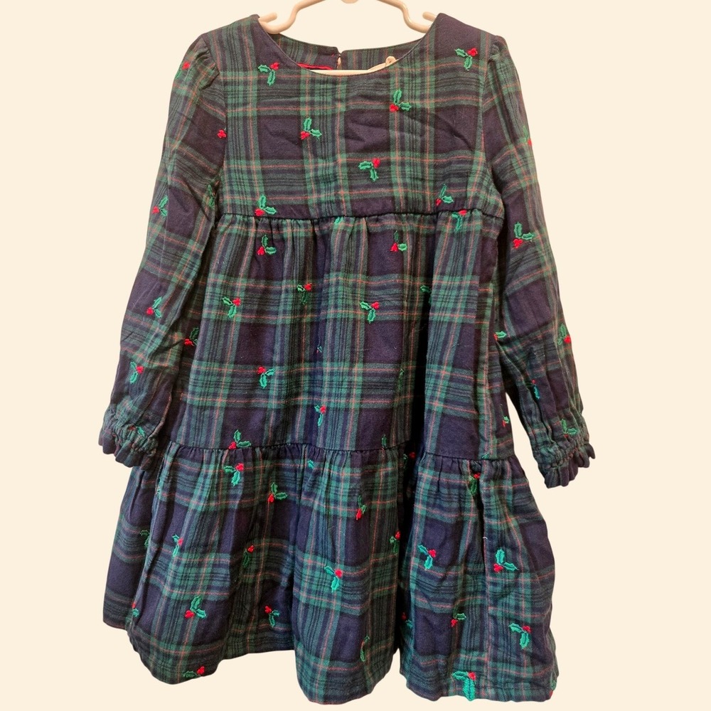 Mini Boden Girls Green Navy Plaid Embroidered Holly Dress Size 6-7Y G4963
